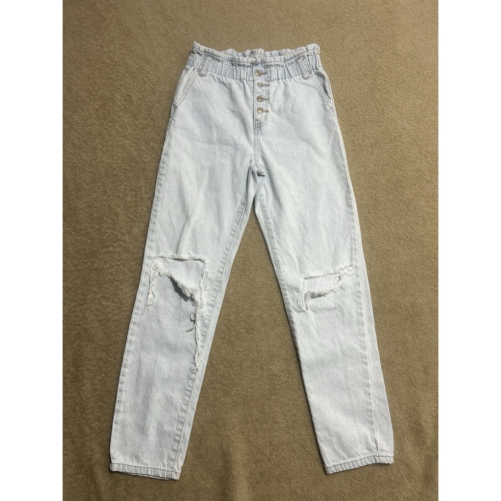 Forever 21 Kids Girls Distressed Paperbag High waist Button Fly 13/14 Light Wash